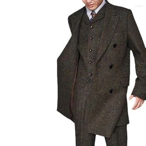 Herrspårspår 3-delad kostym Formell enkelbröst Slim-Fit Fashion Wool Mid-Längd Man (kostymjacka Vest Pants)