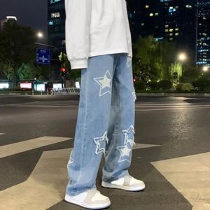 Män denim byxor femspetsiga stjärnmönster broderier lösa breda ben streetwear solid mid midja baggy jeans raka byxor 240426
