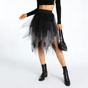 Skirts Women Mesh Sheer Tulle Skirt Aesthetic Fairycore Contrast Color Elastic High Waist Irregular Hem Layered Pleated Tutu Y2k