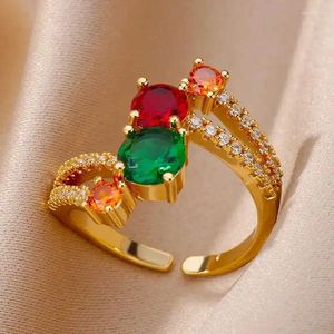 Cluster Rings Rainbow Zircon Beads For Women Stainless Steel Gold Plated Crystal Ring Femme Wedding Party Aesthetic Jewerly Gift 2024