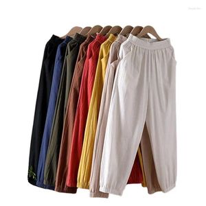 Frauenhose Baumwolle Leinen Casual Jogger Frauen bequeme schlanke Knöchellänge Feste Farbe hoher Taille Harem mit Tasche