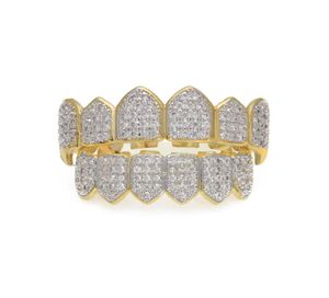 NEW Diamond Grills 18KT Gold Plated Fully Iced Out Micro Pave CZ Top and Bottom Face Mouth Grills for Vampire teeth Cosplay Hip Ho1029531