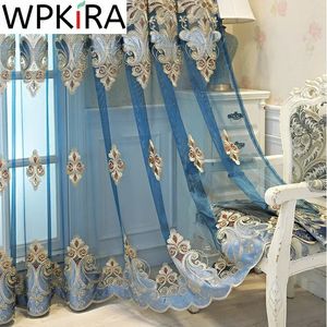 Window Blinds Embroidery Tulle Curtain For Living Room Europe Luxurious Blue Window Screen High End Kitchen Drape Panel AD511H 240426