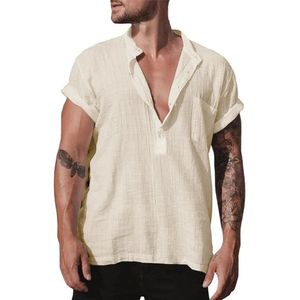 2024 MENS CASUAL BOMULL LINEN SKRIFT SOMMER STORT SLEEVE LINEN STAND COLL STRICT LOOK MEN SHIRTS 240428