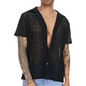 Mens Short-Sleeve Hollow-Out Lace Shirt Single Breasted Lapel Perspective Shirt Top 240428