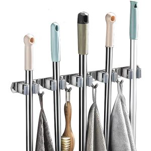 Decorations Mop Broom Holder Wall Mount 5 Racks 4 Hooks Broom Organizer Home Kitchen Garden Laundry Garage Storage Tool Racks Hooks Nonslip