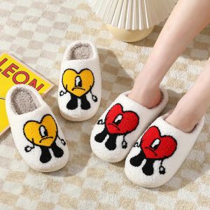 Slippers Autumn Winter Fulffy Fur Slippers Plush Fleece Flat Love Heart Slippers Sweet Indoor Cotton Slippers for Couple Shoes