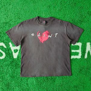 Men's T-Shirts Frog drift Fashion SAINT MICHAEL Love print Old vintage washed Oversize Loose short T-shirt t for men H240429