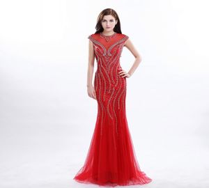 Crystal Red Tulle Prom Dresses Crew Beaded Neck Fashion Party Glänningar Golvlängd sjöjungfrun Evening Bown i stock7649025