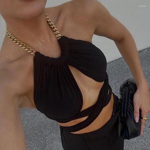 Women's Tanks Metal Chain Halter Cross Bandage Tank Crop Tops Women Summer Sexy Hollow Out Lace Up Ribbon Casual Vest Top Clubwear Tees