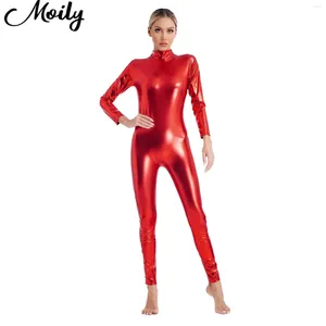 Bühnenbekleidung Womens Metallic Unitard hoher Nacken glänzender, schlanker Overall Catsuit Langarmbodysuit Reißverschluss Rücken-Rücken-Lotard-Tanzkleidung