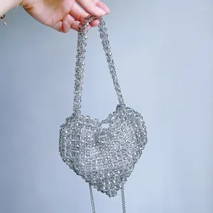 Drawstring 2024 Summer Unique Niche Silver Glass Acrylic Weaving Heavy Craft Fashion Trend Love Handheld Crossbody Bag For Women