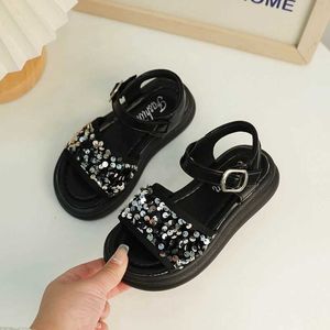 샌들 도매 어린이 통기성 샌들 2024 여름 여자 공주 신발 패션 스팽글 오픈 발가락 신발