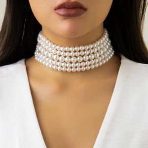 Salircon Korean utsökta flerskiktsimitation Pearl Short Choker Fashion Charm Collar Halsband för kvinnor Bröllopsfest smycken 240428