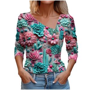 Women's Blouses Shirts 2024 Sprint Long Slve Elegant Women Tops Cactus Print Casual T Shirt For Women T-shirt Office Top Femme Y240426