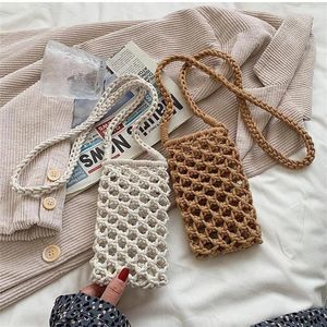 Bolsas de noite Mulheres moda Smitha Crossbody Phone Saco de cor sólida tecida Crochet Bola de ombro trançado leve