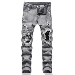 Мужские джинсы мужская растяжка джинсовой джинсы уличная одежда, слезы, выработка отверстия повседневные брюки Ультратонкие подгонки прямо Q240427
