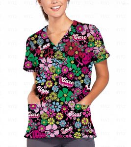 Casual Dresses Ladies Pocket Short Sleeve V-Neck Print Scrub Top Work Uniform Fashion Beauty Salon Laboratory Care Clothing