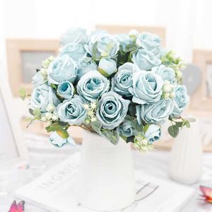 Getrocknete Blumen Herbst Seidenrosen künstliche lila Blumen 6 Köpfe 3 Knospenbraut Bouquet Vase DIY Home Wohnzimmer Hochzeitsdekoration gefälschte Blumen