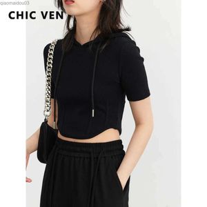 Women's T-Shirt CHIC VEN Womens Long sleeved Casual Short sleeved Hooded Crop Top Pure Thin Suitable for Womens Short Top Summer 2023L24029