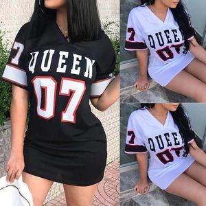 Fashion V-Neck Queen Letters Print Dress Short Sleeve Basketball Sporty Style Sexy Loose Female Clothing Streetwear 240428