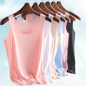 Women's Tanks Camis Womens thin ice silk seamless vest top summer sleeveless plus size vest solid color casual bottom vest soft and breathableL240429