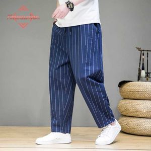Calça masculina moda calça masculina listrada linho de algodão solto estilo chinês de perna larga esportes longos q240429