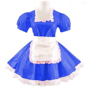 Party Dresses Maid Outfits Gloosy PVC Short Sleeve Lace Trim Sissy Unisex Square Collar Flared Mini Dress With Apron Cosplay Costumes 7XL