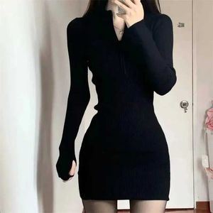 Basic Casual Dresses Womens long sleeved dress black sexy club tight mini dress Y2k high waisted women Korean short skirt basic autumn and winterL2404