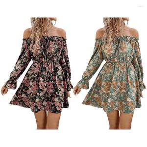 Vestidos casuais femininos balançam vestido de férias de manga longa elegante e floral fora do ombro Bohemian Dropship