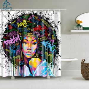 Set Afroamerykanin Afro Black Girl Design Art Design Graffiti Art Bathern Curtains Waterproof poliester z haczykami