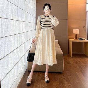 Maternity Dresses Pregnant womens knitted striped patch work clothes spring and autumn maternity clothing cute O-neck loose dress Q240427