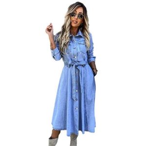 Basic Casual Dresses High Waist Lace-up Denim Dress Women Autumn Long Slve Winter Single-breasted Cardigan Dresses Female Casual Lapel Pocket Gown Y240429