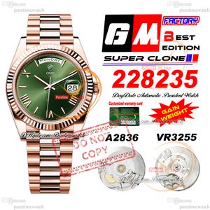 228235 DayDate A2836 VR3255 MENS AUTOMATICO GMF V3 Rose Gold Green Romance Romano 904L Bracciale in acciaio Super Edition Sagero carta guadagno peso Puretime F2