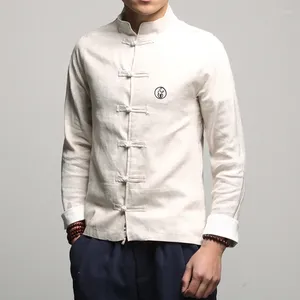 Camisas casuais masculinas 2024 Primavera/verão Linha de linho de algodão chinês Hanfu Botão de manga comprida camisa