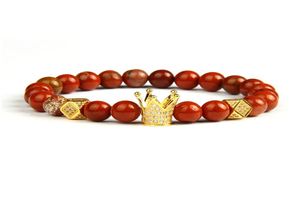 Gold Jewelry Whole 10pcslot 8mm Natural Red Stone Beads With High Quality Micro Paved Crown Charms Bracelets For Gift2249485