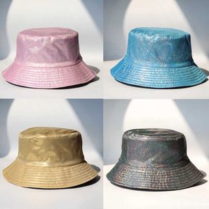 Breda randhattar hink hattar 2023 laserfärgad fiskare hatt mens och kvinnor ljus läder hink hatt båda sidor kan bära solnedgång hatt mode hatt j240429