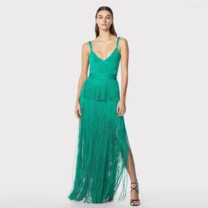 Casual Dresses Green Sleeveless Sexy Women'spaghetti Strap V-ringning Tassel Bandage Long Maxi Bodycon Celebrity Club Party Evening Dress