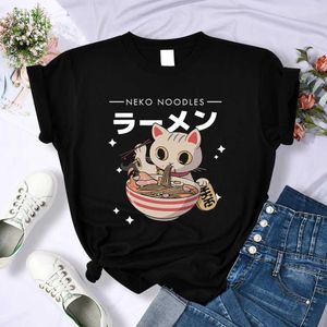 T-shirts harajuku katt Neko Noodle Lamian Noodles T-shirt Summer Breattable Clothing Crewneck Womens personlighet Top Fashion Loose T-shirtl2404