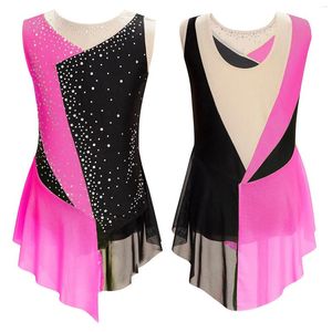 Stage desgaste infantil garotas figuras brilhantes patinar gelo Vestido de collant com mangas de malha colorida malha de retalhos de bodysuit da dança