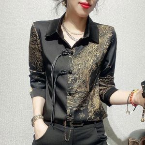 Women's Blouses Vintage Printed Commute Blouse Spring Autumn Fashion Chinese Disc Buckle Female Clothing Turn-down Collar Asymmetrical Shirt