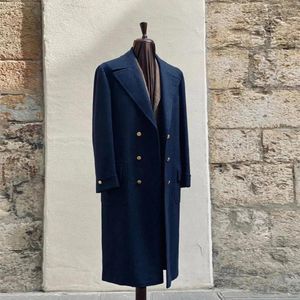 Herrenanzüge Tweed Woolen Mann Mischung Trench Coat Long Outwaer Custom Made Double Breasted Overlock Navy Blue Anzug Jacken passen Slim 2024