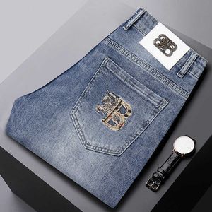Fashion European Mens Embroidered Denim Pants 2023 Spring/summer Trendy Casual Slim Fit Small Foot High-end