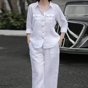 Women's Two Piece Pants 2 Pcs/Set Top Set Lapel Single-breasted Long Sleeve Solid Color Pockets Loose Casual Daily Commute Shirt Trousers