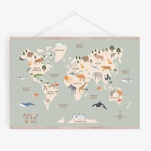 World Map Canvas Painting Pastel Animal Theme Educational Wall Art Nordic Posters and Prints Pictures for Kids Room Decoration 240426