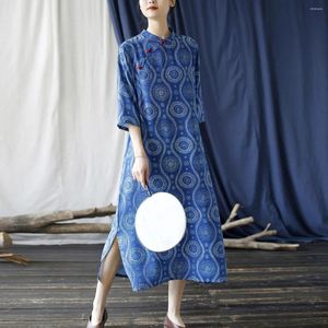 Vestidos de festa 2024 Summer Polca vintage Dots Imprima Mangas meio Cheongsam Retro Stand Collar Original Button Dress Slip Dress Slip