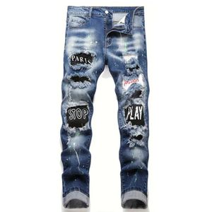 Mäns jeans herrar y2k elastiska denim jeans med tårtäta bokstäver tryckt elastiska midja casual byxor för mens eyelets smala fit denim hip-hop byxor j240429