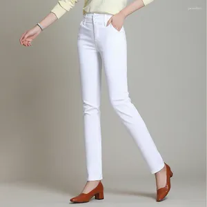 Calça feminina 2024 Primavera outono de primavera média de cintura magra Slim Fit Casual Troushers