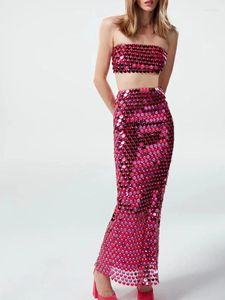 Work Dresses Sequins Two Piece Set For Women Glitter Camisole Crop Tops High Waist Maxi Mermaid Skirt Sparkle Party Culb Dress Suit Y2K.