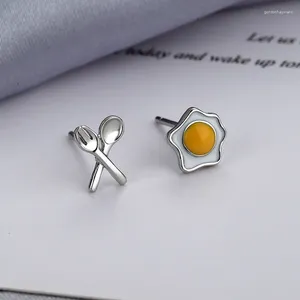 Stud Earrings Trendy Silver Color Poached Egg Fork Spoon Cute Food For Women Girl Gift Fashion Jewelry Dropship Wholesale